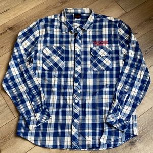 Netflix Stranger Things Mens Button Front Plaid Flannel Shirt Blue Cotto…
